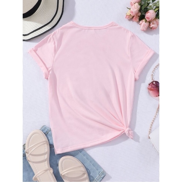 Girls Pink Butterfly Print Bow Front Tee - Picture 2 of 7